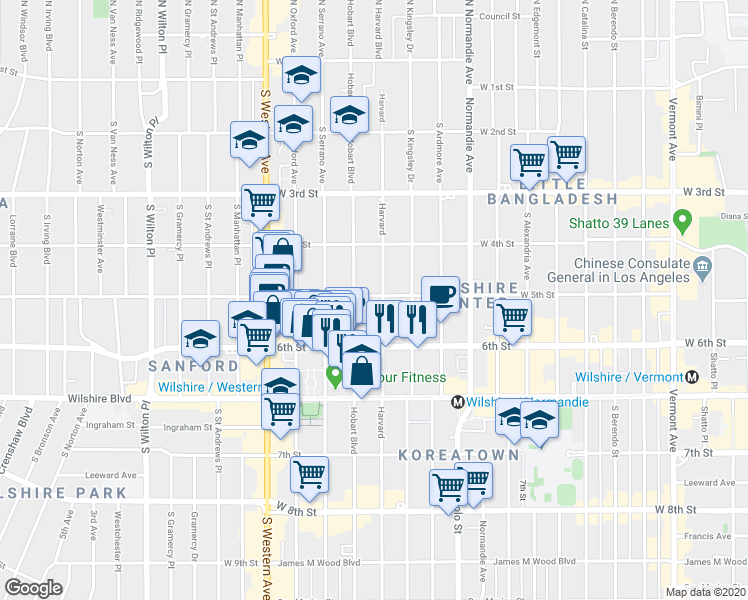 map of restaurants, bars, coffee shops, grocery stores, and more near 508 South Hobart Boulevard in Los Angeles