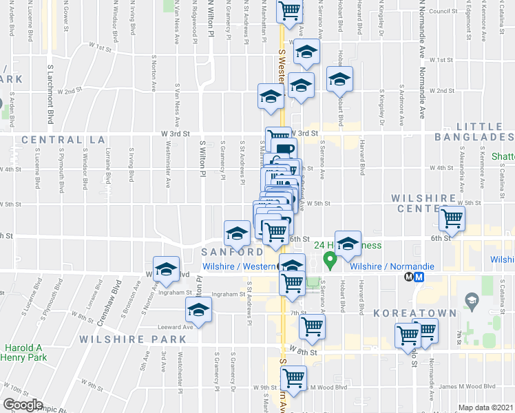 map of restaurants, bars, coffee shops, grocery stores, and more near in Los Angeles