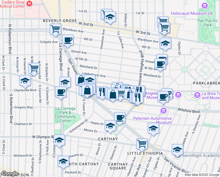 map of restaurants, bars, coffee shops, grocery stores, and more near 6443 Orange Street in Los Angeles