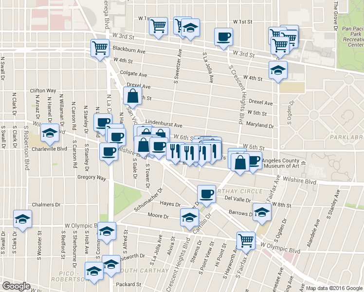 map of restaurants, bars, coffee shops, grocery stores, and more near 6443 Orange Street in Los Angeles