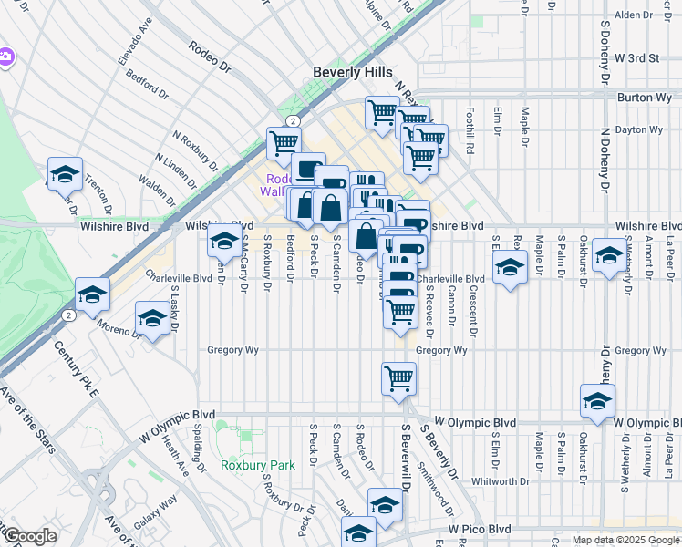 map of restaurants, bars, coffee shops, grocery stores, and more near 153 South Camden Drive in Beverly Hills