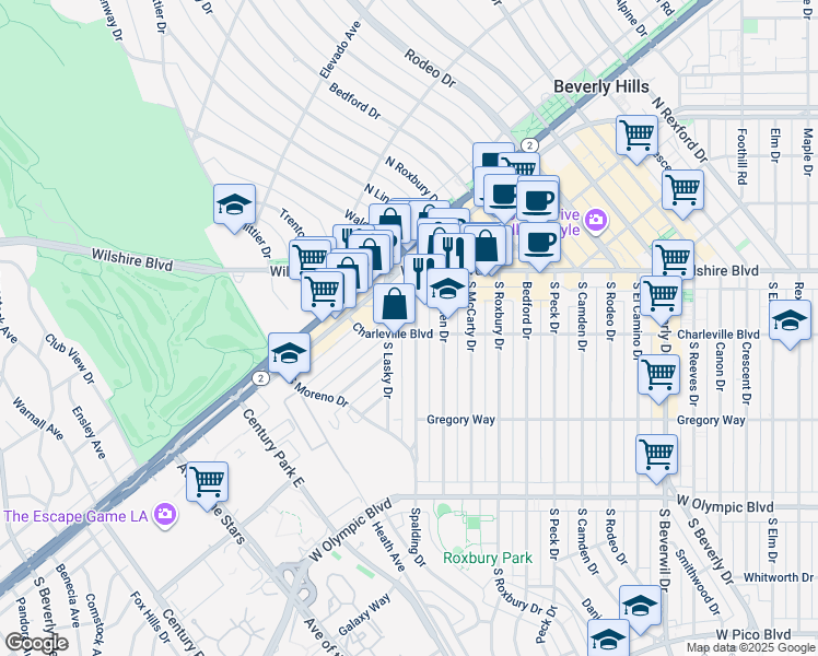 map of restaurants, bars, coffee shops, grocery stores, and more near 9758 Charleville Boulevard in Beverly Hills