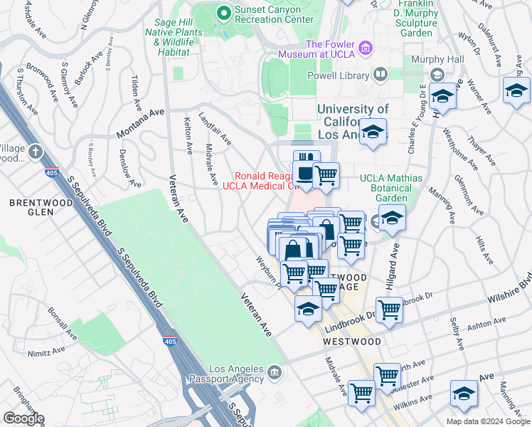 map of restaurants, bars, coffee shops, grocery stores, and more near 10974 Roebling Avenue in Los Angeles