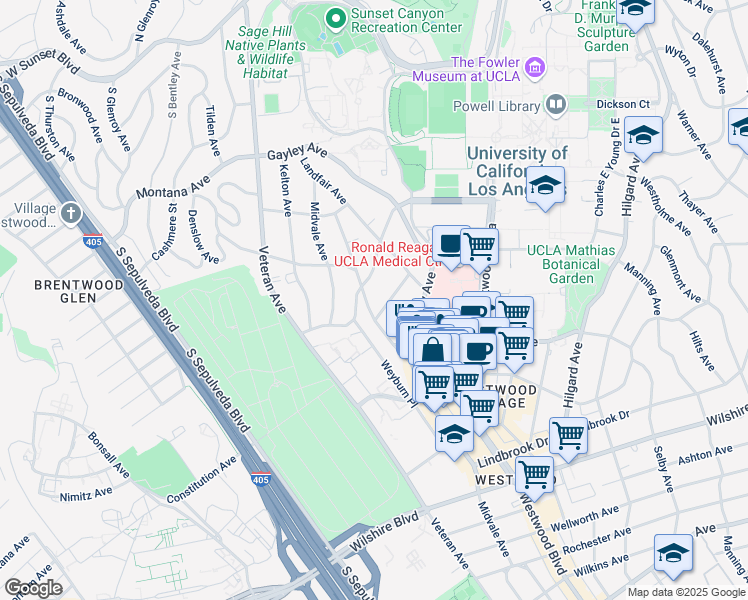 map of restaurants, bars, coffee shops, grocery stores, and more near 11024 Strathmore Drive in Los Angeles