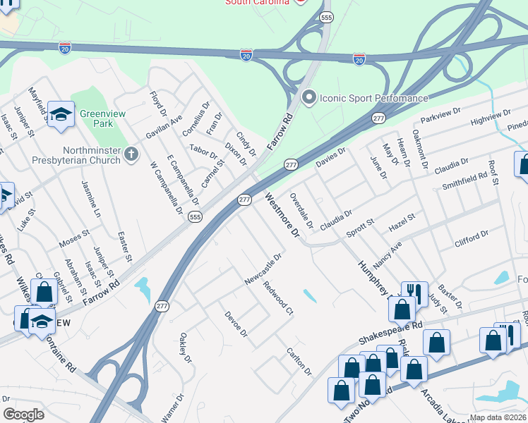 map of restaurants, bars, coffee shops, grocery stores, and more near 134 Newcastle Drive in Columbia