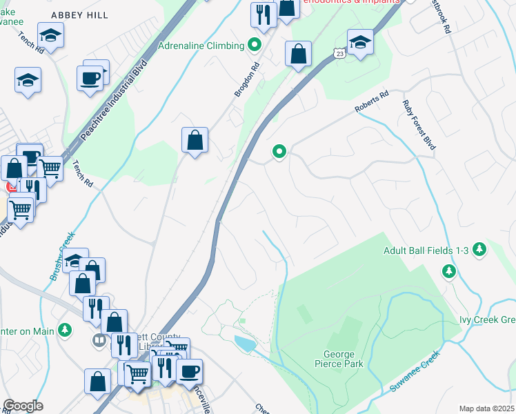 map of restaurants, bars, coffee shops, grocery stores, and more near 4012 Grand Park Drive Northeast in Suwanee