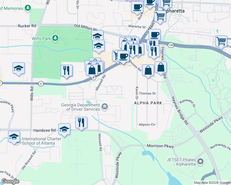 map of restaurants, bars, coffee shops, grocery stores, and more near 1310 Kilmington Court in Alpharetta