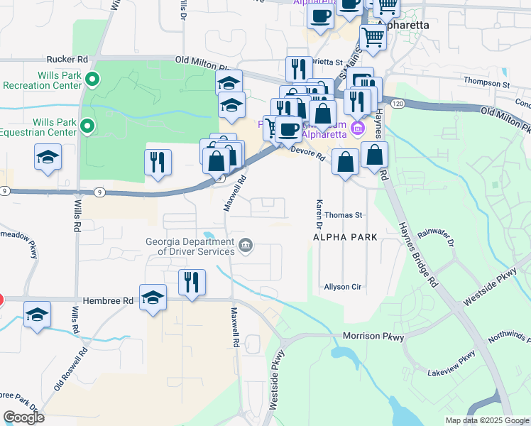 map of restaurants, bars, coffee shops, grocery stores, and more near 1240 Kilmington Court in Alpharetta