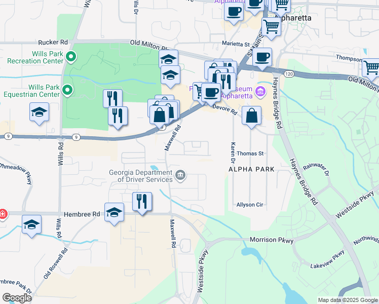 map of restaurants, bars, coffee shops, grocery stores, and more near 1125 Kilmington Court in Alpharetta