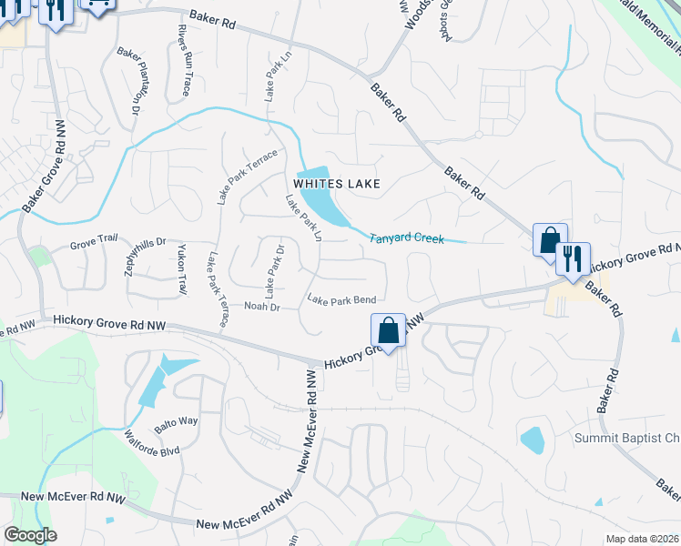 map of restaurants, bars, coffee shops, grocery stores, and more near 2718 Lake Park Ridge West in Acworth