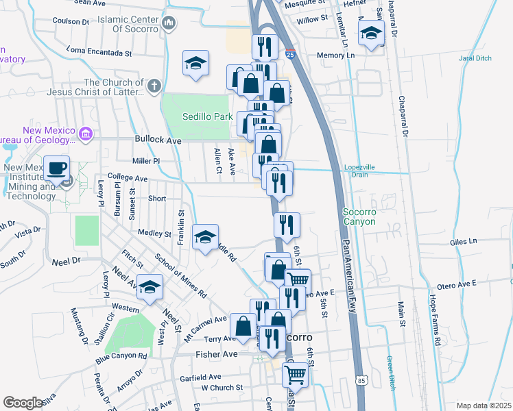 map of restaurants, bars, coffee shops, grocery stores, and more near 719 California Street in Socorro