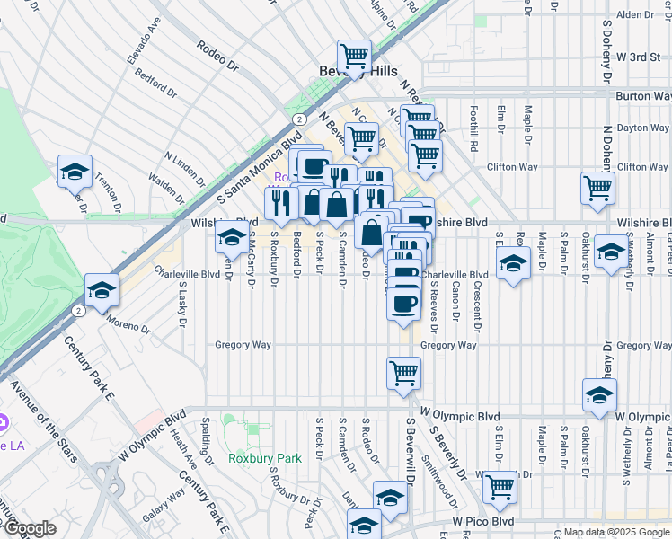 map of restaurants, bars, coffee shops, grocery stores, and more near 153 South Camden Drive in Beverly Hills