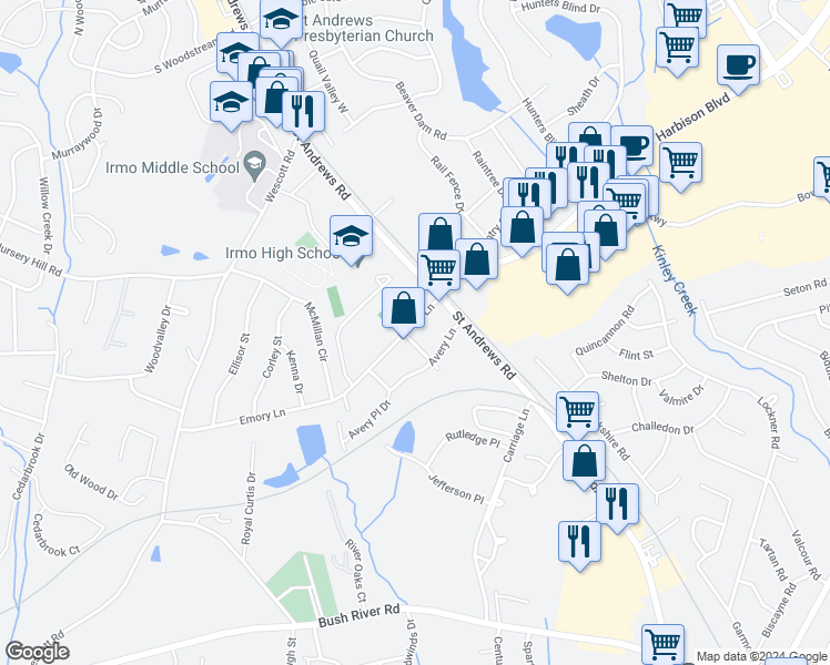map of restaurants, bars, coffee shops, grocery stores, and more near 120 Emory Lane in Columbia