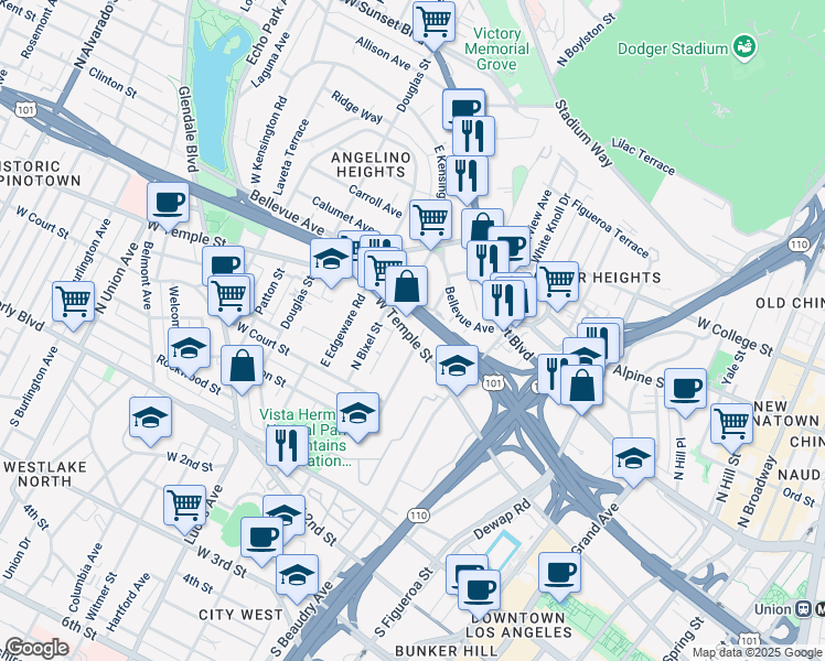 map of restaurants, bars, coffee shops, grocery stores, and more near 1201 West Temple Street in Los Angeles