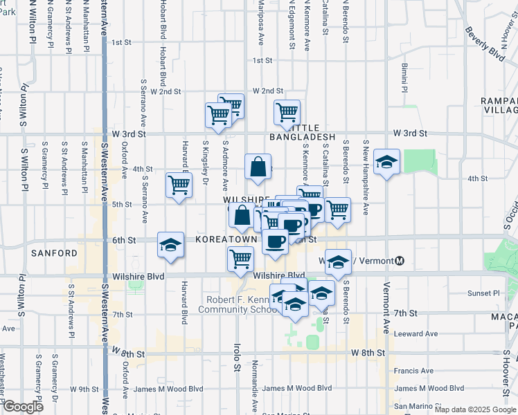 map of restaurants, bars, coffee shops, grocery stores, and more near 501 South Mariposa Avenue in Los Angeles