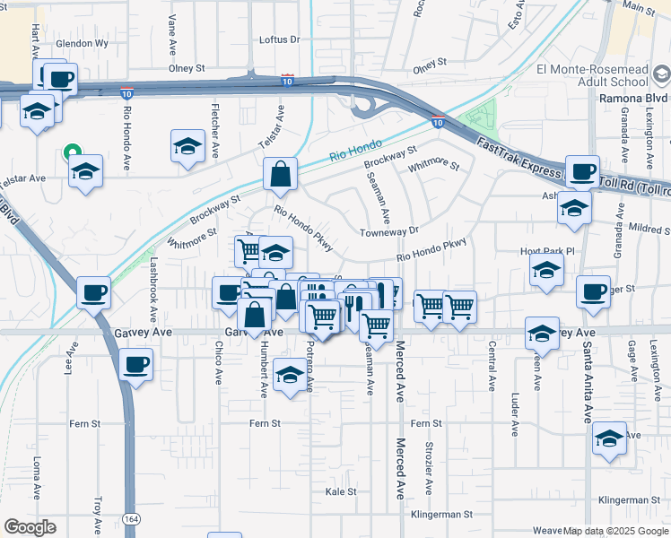 map of restaurants, bars, coffee shops, grocery stores, and more near 9835 Cortada Street in El Monte