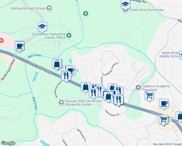 map of restaurants, bars, coffee shops, grocery stores, and more near 5654 Bridge Pointe Dr in Alpharetta