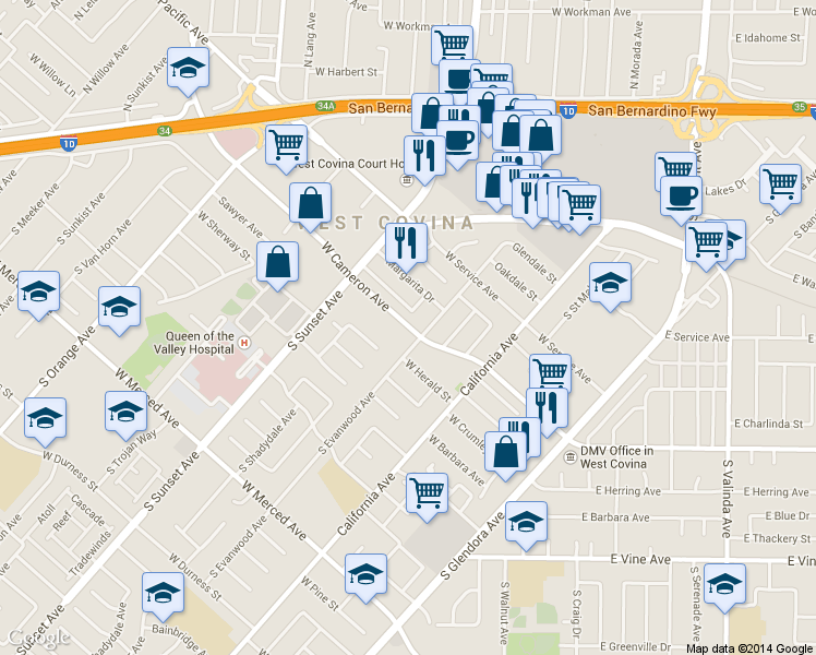 map of restaurants, bars, coffee shops, grocery stores, and more near 767 South Evanwood Avenue in West Covina