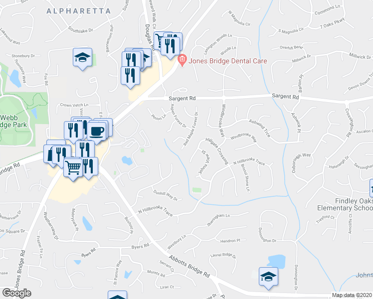 map of restaurants, bars, coffee shops, grocery stores, and more near 11685 Red Maple Forest Drive in Alpharetta