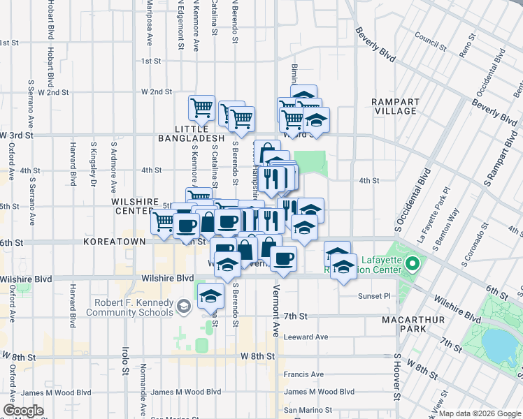 map of restaurants, bars, coffee shops, grocery stores, and more near 3326 5th Street in Los Angeles