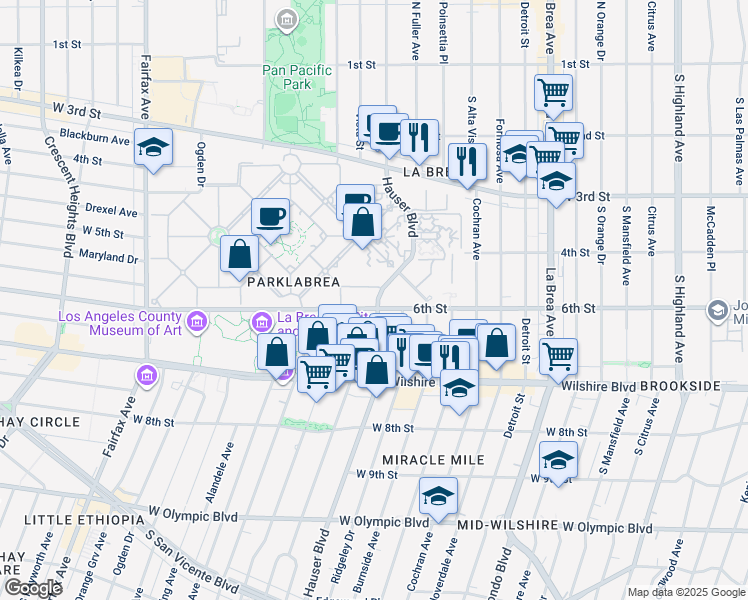 map of restaurants, bars, coffee shops, grocery stores, and more near 539 Hauser Boulevard in Los Angeles