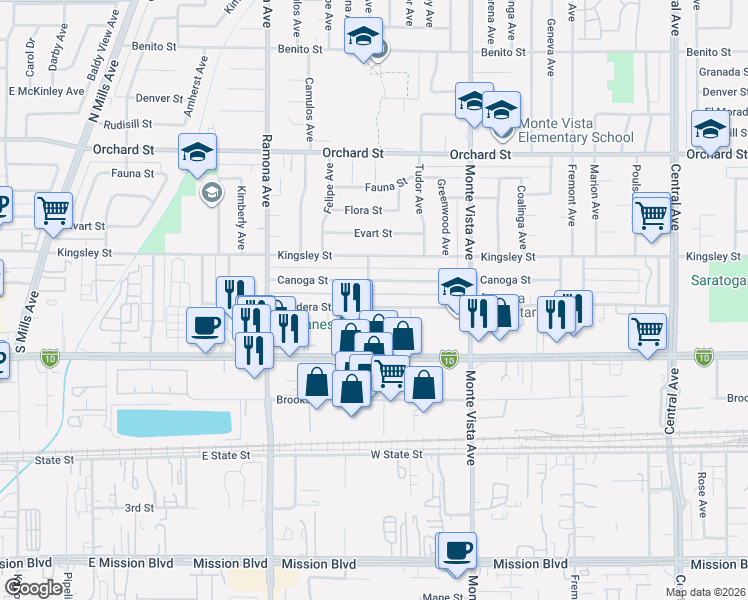map of restaurants, bars, coffee shops, grocery stores, and more near 4720 Bandera Street in Montclair