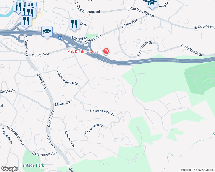 map of restaurants, bars, coffee shops, grocery stores, and more near 20050 East Lorencita Drive in Covina