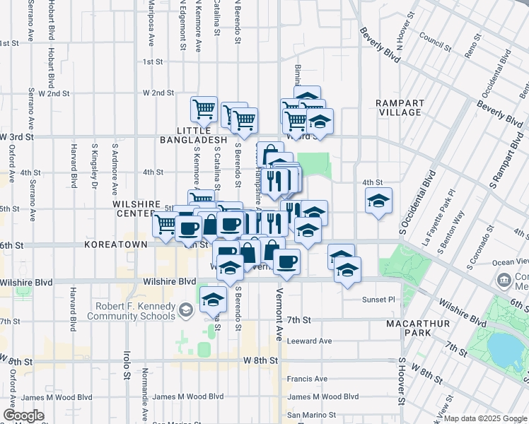 map of restaurants, bars, coffee shops, grocery stores, and more near 3326 5th Street in Los Angeles