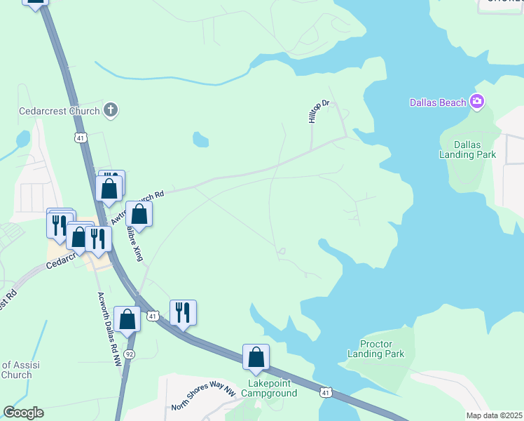 map of restaurants, bars, coffee shops, grocery stores, and more near 4533 Old Grogan Road in Acworth