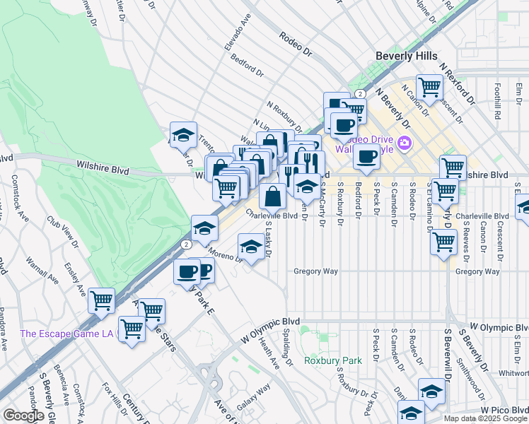 map of restaurants, bars, coffee shops, grocery stores, and more near 201 Charleville Boulevard in Beverly Hills