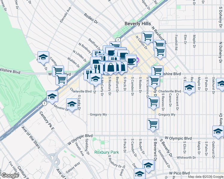map of restaurants, bars, coffee shops, grocery stores, and more near 152 South Roxbury Drive in Beverly Hills