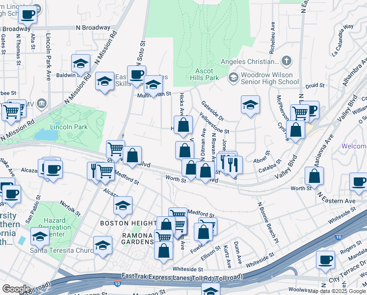 map of restaurants, bars, coffee shops, grocery stores, and more near 4321 Valley Boulevard in Los Angeles