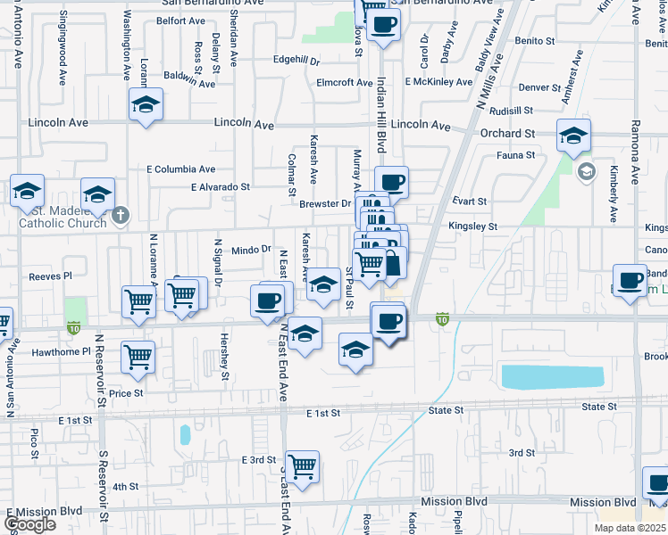 map of restaurants, bars, coffee shops, grocery stores, and more near in Pomona