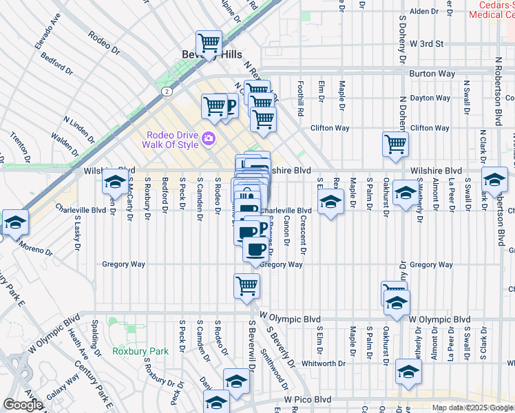 map of restaurants, bars, coffee shops, grocery stores, and more near 9464 Charleville Boulevard in Beverly Hills