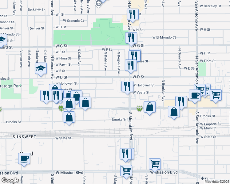 map of restaurants, bars, coffee shops, grocery stores, and more near 1161 West Vesta Street in Ontario