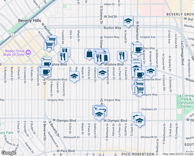 map of restaurants, bars, coffee shops, grocery stores, and more near 152 South Oakhurst Drive in Beverly Hills