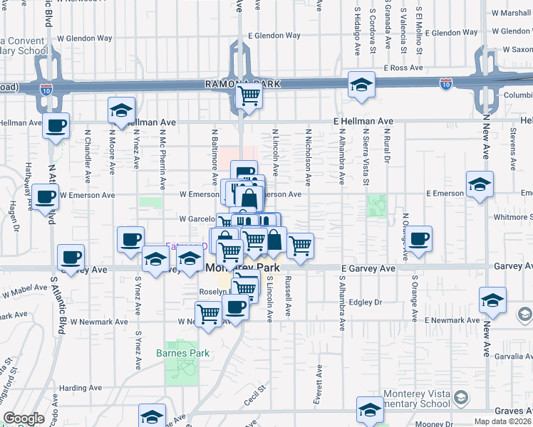 map of restaurants, bars, coffee shops, grocery stores, and more near 303 North Lincoln Avenue in Monterey Park