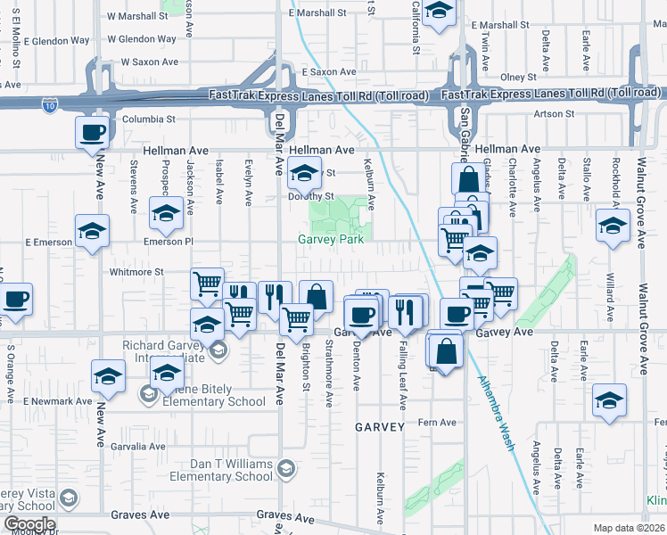 map of restaurants, bars, coffee shops, grocery stores, and more near 7911 Whitmore Street in Rosemead