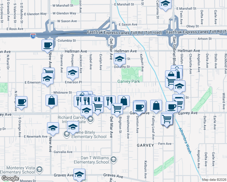 map of restaurants, bars, coffee shops, grocery stores, and more near 3132 Del Mar Avenue in Rosemead