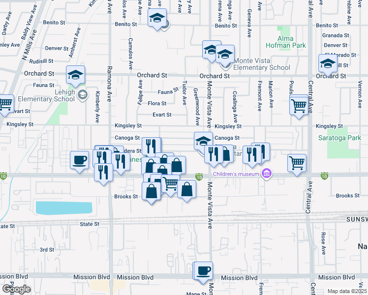 map of restaurants, bars, coffee shops, grocery stores, and more near 4790 Bandera Street in Montclair