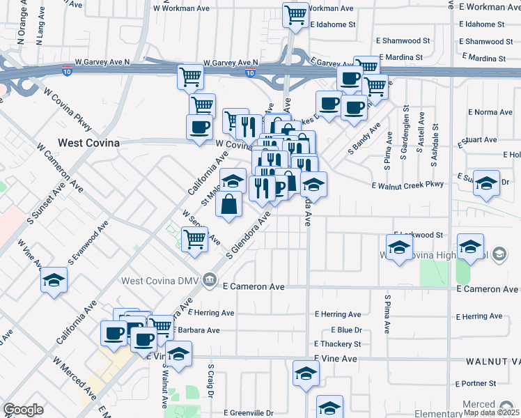 map of restaurants, bars, coffee shops, grocery stores, and more near 555 South Glendora Avenue in West Covina