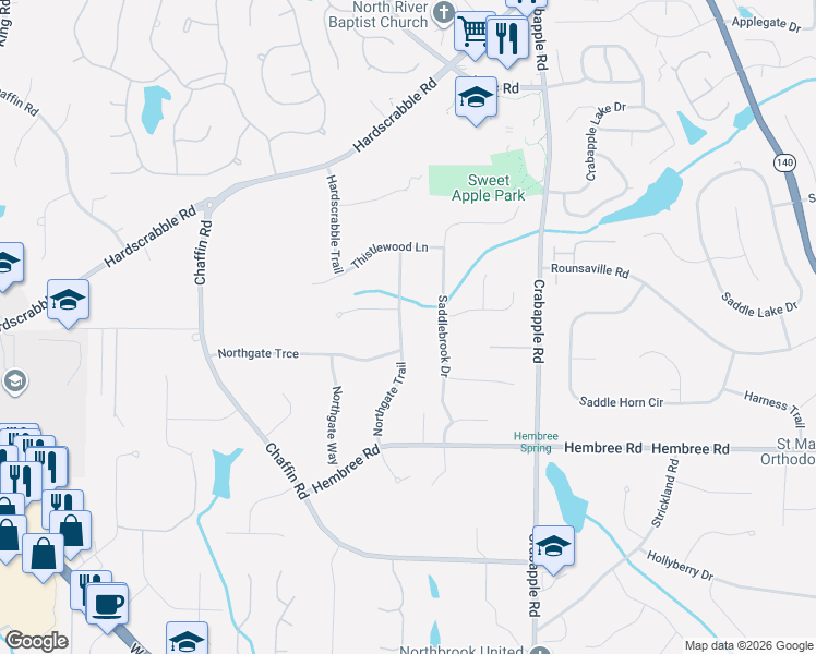 map of restaurants, bars, coffee shops, grocery stores, and more near 11665 Northgate Trail in Roswell