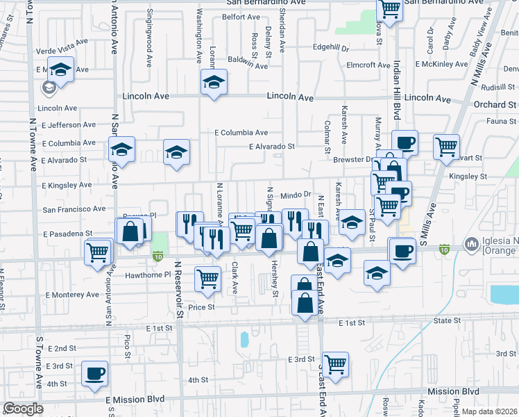 map of restaurants, bars, coffee shops, grocery stores, and more near 681 North Signal Drive in Pomona