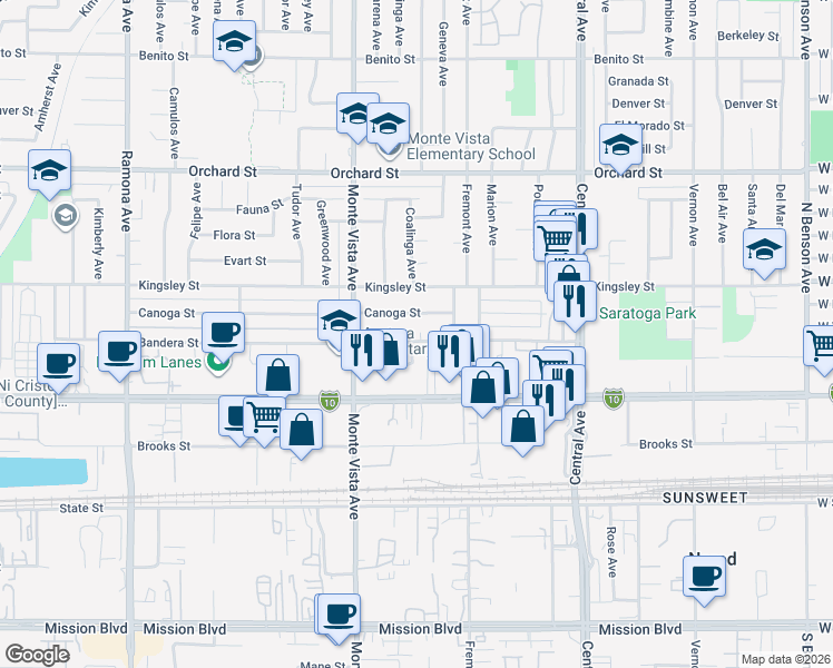 map of restaurants, bars, coffee shops, grocery stores, and more near 5016 Bandera Street in Montclair