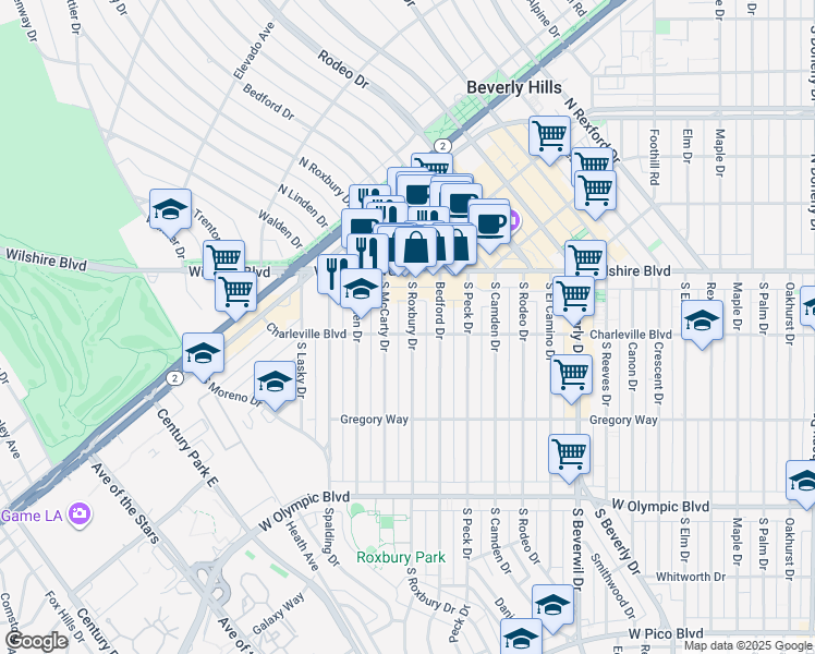 map of restaurants, bars, coffee shops, grocery stores, and more near 153 South Roxbury Drive in Beverly Hills