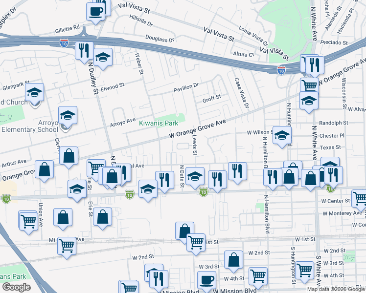 map of restaurants, bars, coffee shops, grocery stores, and more near 1202 Bayport Circle in Pomona