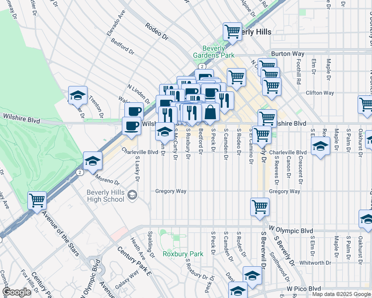 map of restaurants, bars, coffee shops, grocery stores, and more near 153 South Roxbury Drive in Beverly Hills