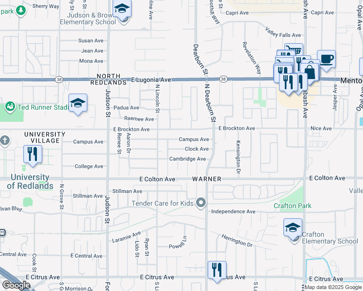 map of restaurants, bars, coffee shops, grocery stores, and more near 1529 Clock Avenue in Redlands