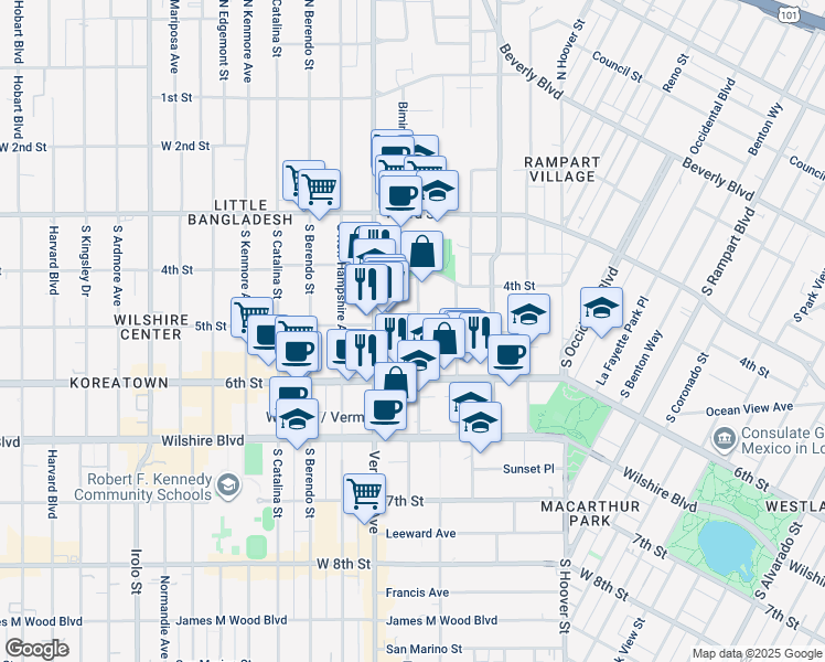 map of restaurants, bars, coffee shops, grocery stores, and more near 501 Shatto Place in Los Angeles