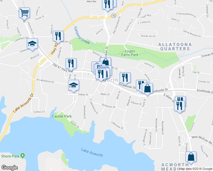 map of restaurants, bars, coffee shops, grocery stores, and more near 4526 Lemon Street in Acworth